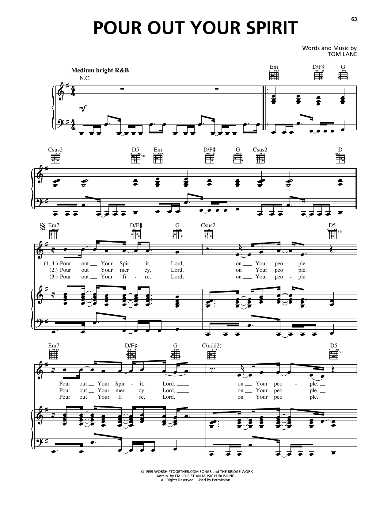 Tom Lane Pour Out Your Spirit sheet music notes and chords arranged for Piano, Vocal & Guitar Chords (Right-Hand Melody)