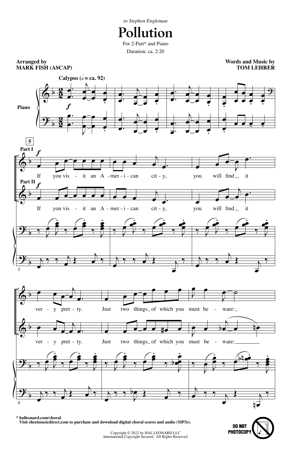 Tom Lehrer Pollution (arr. Mark Fish) sheet music notes and chords arranged for 2-Part Choir