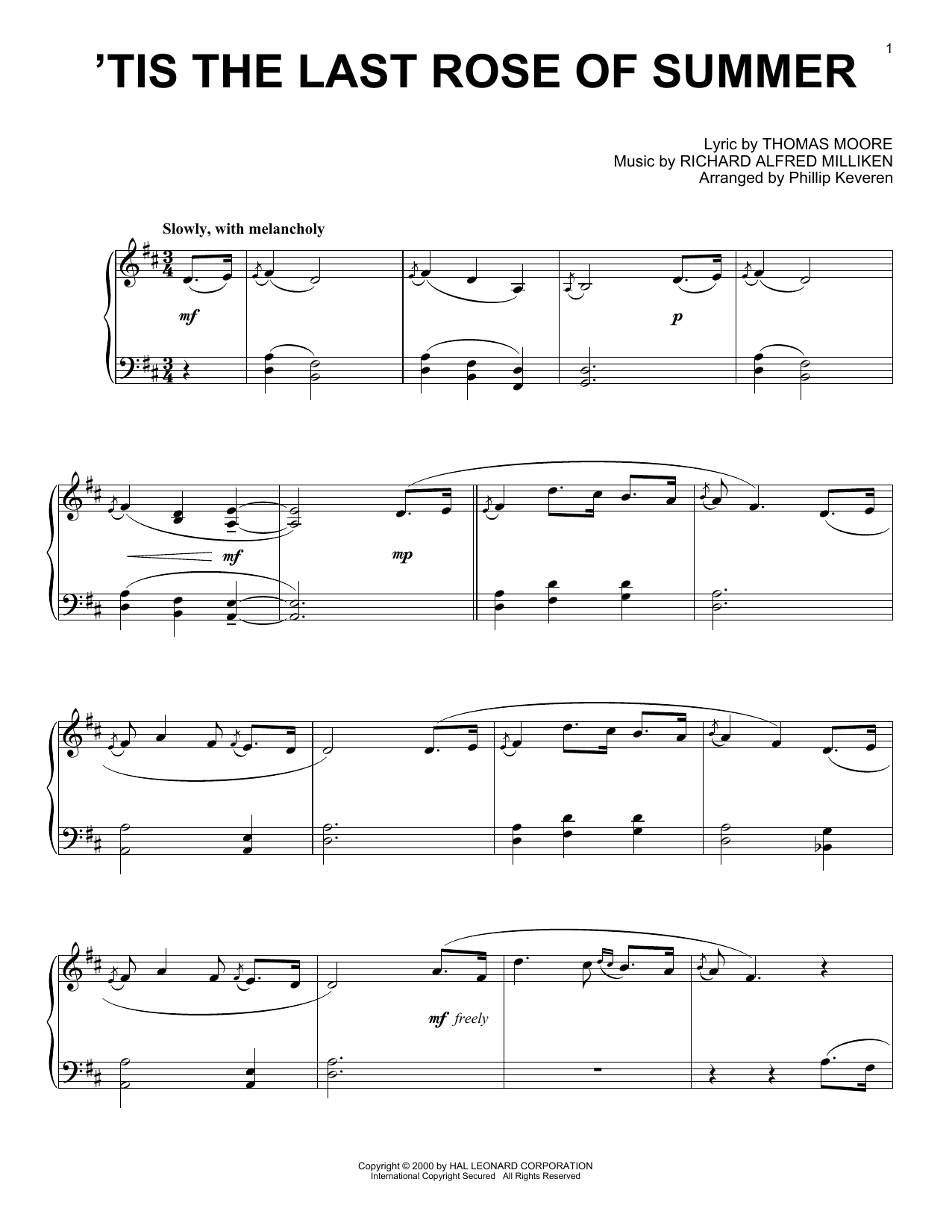 Tom Moore 'Tis The Last Rose Of Summer (arr. Phillip Keveren) sheet music notes and chords arranged for Piano Solo