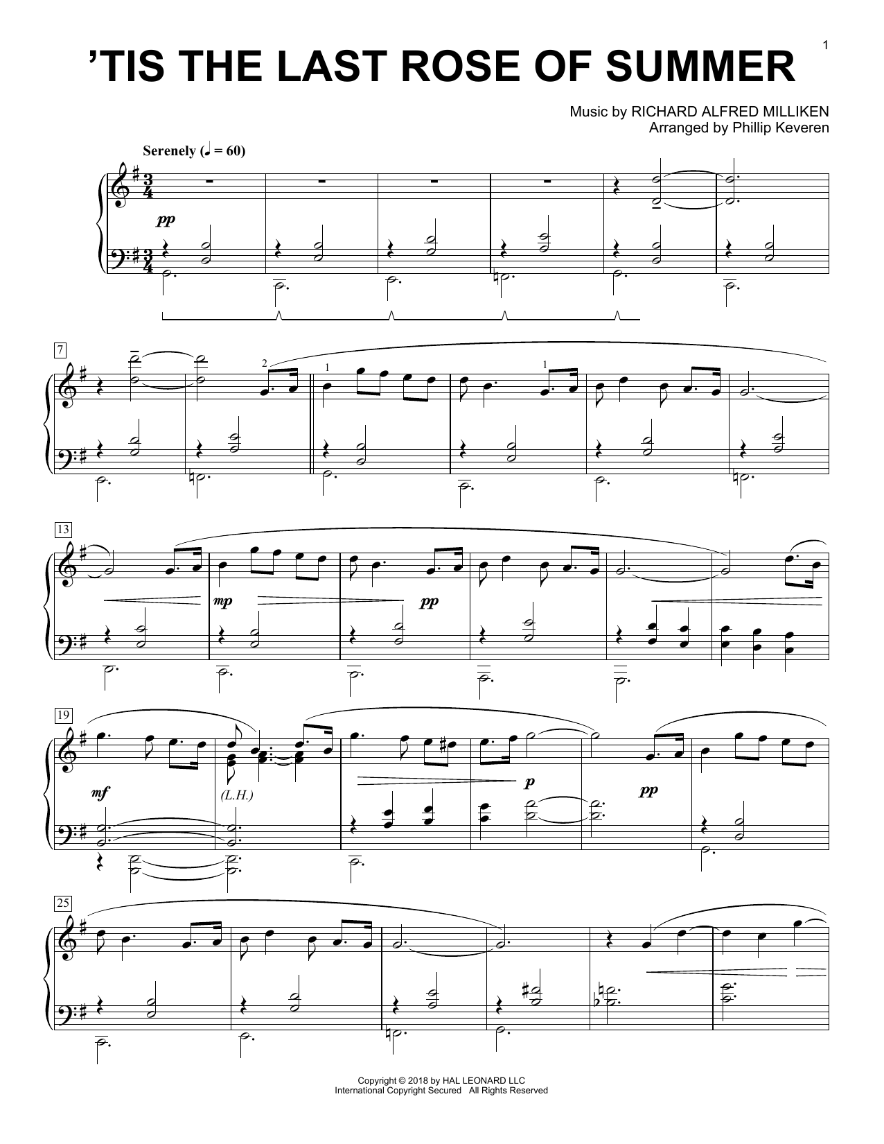 Tom Moore 'Tis The Last Rose Of Summer [Classical version] (arr. Phillip Keveren) sheet music notes and chords arranged for Piano Solo