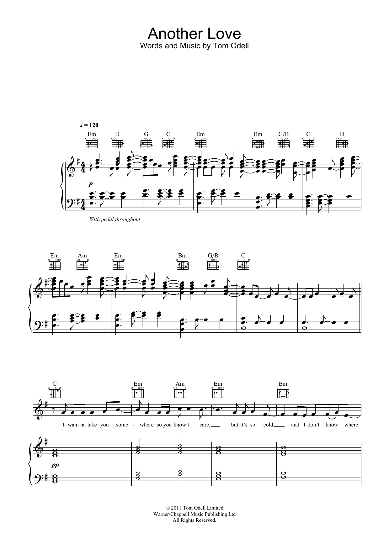 Tom Odell Another Love sheet music notes and chords arranged for Super Easy Piano
