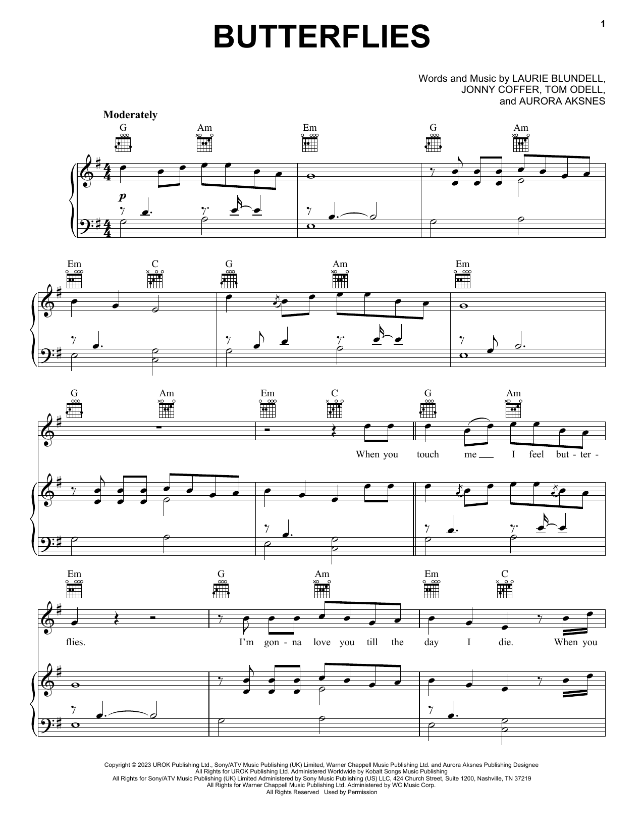 Tom Odell Butterflies (feat. AURORA) sheet music notes and chords arranged for Piano, Vocal & Guitar Chords (Right-Hand Melody)