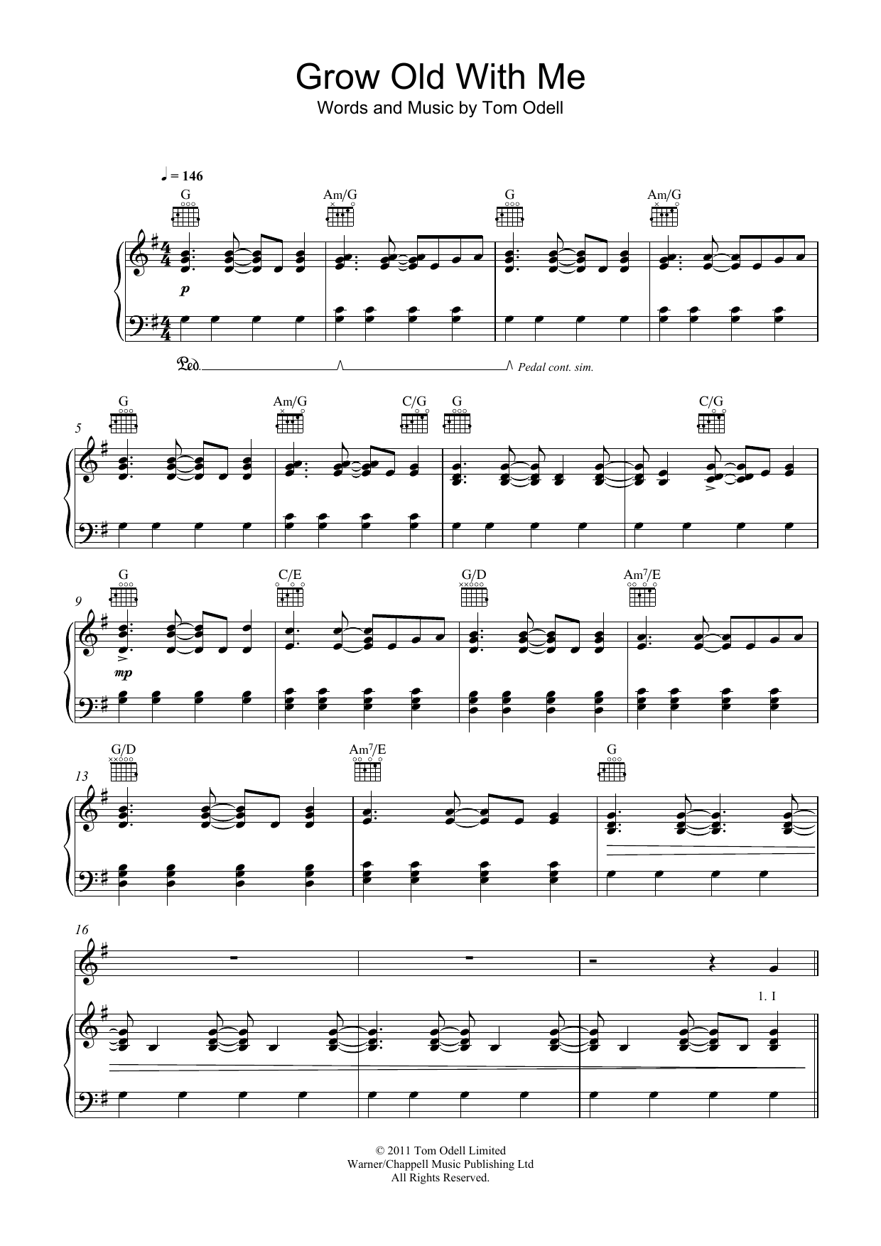 Tom Odell Grow Old With Me sheet music notes and chords arranged for Piano, Vocal & Guitar Chords (Right-Hand Melody)
