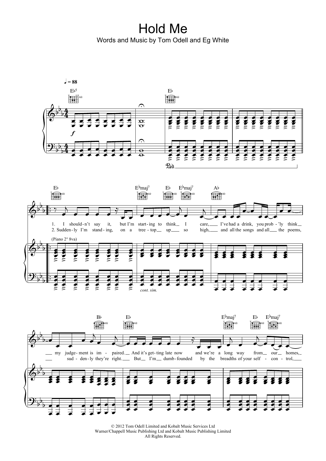 Tom Odell Hold Me sheet music notes and chords arranged for Piano, Vocal & Guitar Chords (Right-Hand Melody)