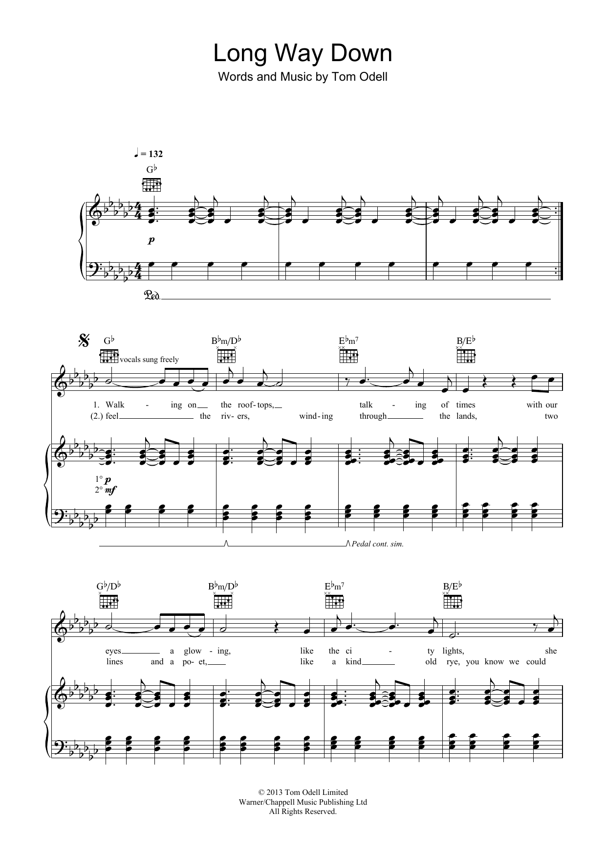 Tom Odell Long Way Down sheet music notes and chords arranged for Piano, Vocal & Guitar Chords (Right-Hand Melody)