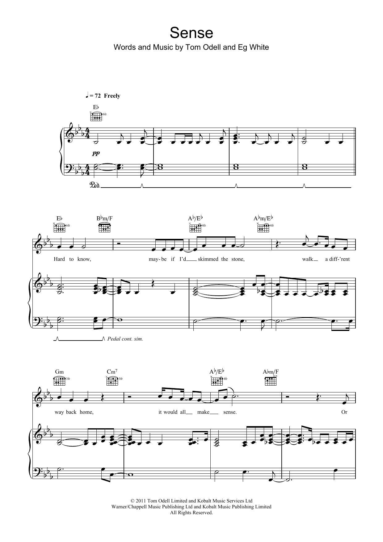 Tom Odell Sense sheet music notes and chords arranged for Piano, Vocal & Guitar Chords (Right-Hand Melody)