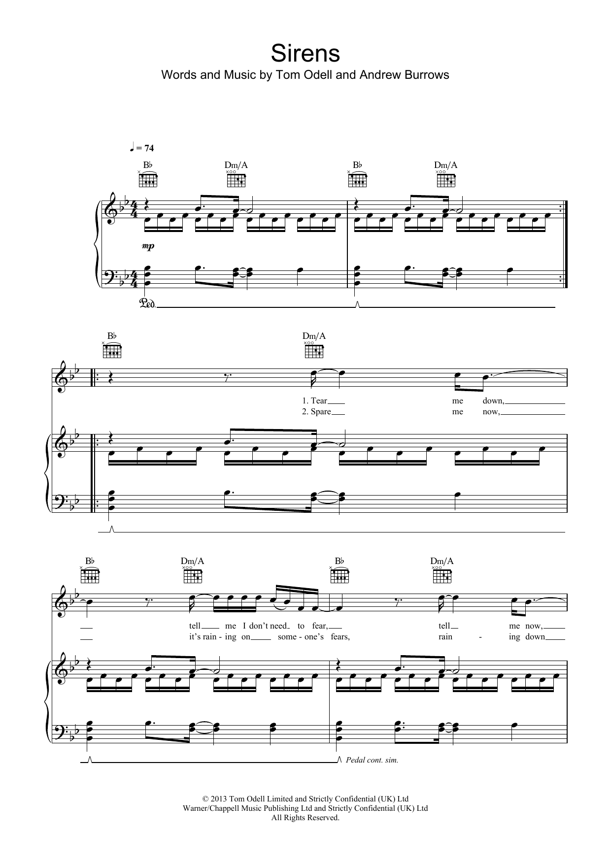 Tom Odell Sirens sheet music notes and chords arranged for Piano, Vocal & Guitar Chords (Right-Hand Melody)