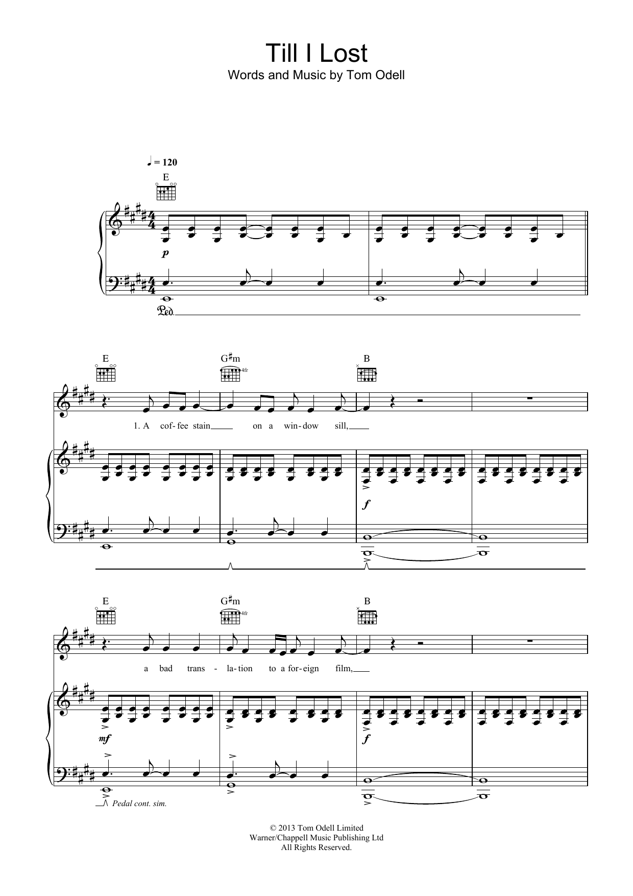 Tom Odell Till I Lost sheet music notes and chords arranged for Piano, Vocal & Guitar Chords (Right-Hand Melody)
