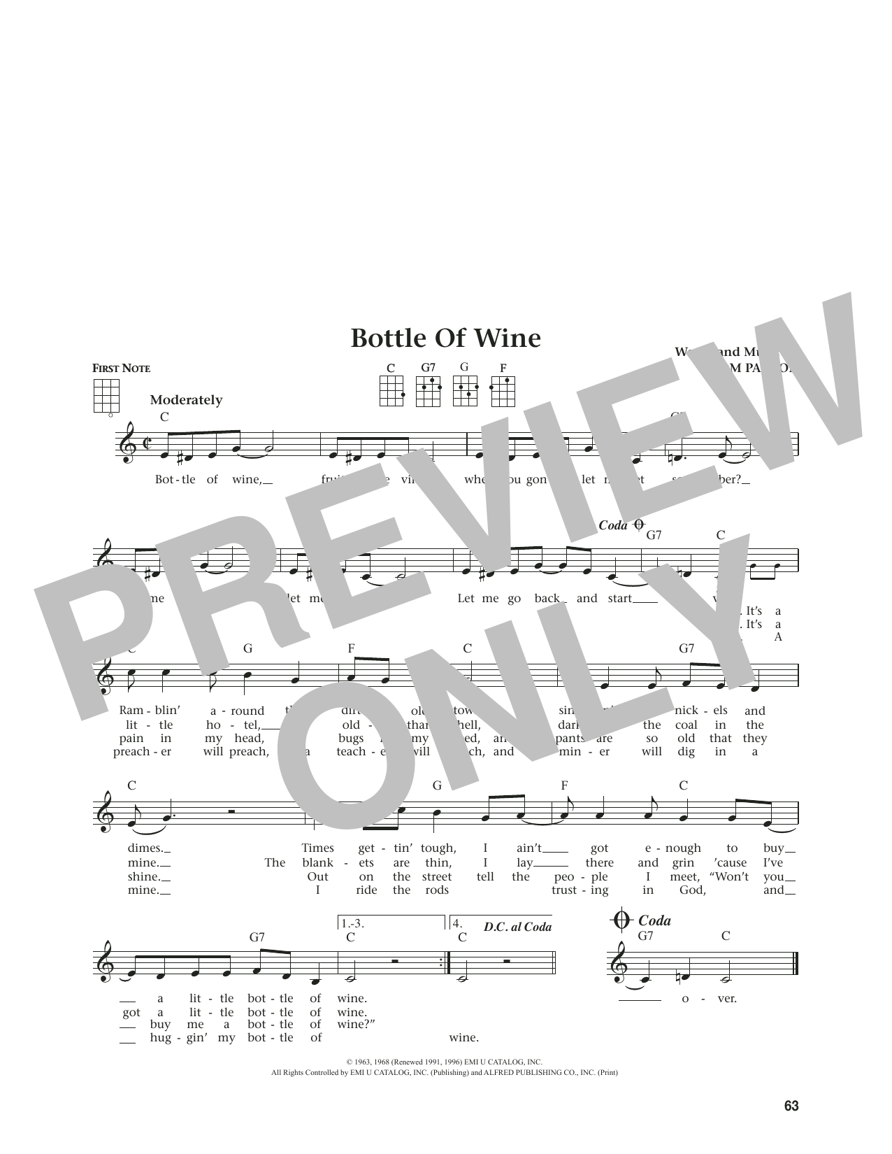 Tom Paxton Bottle Of Wine (from The Daily Ukulele) (arr. Jim Beloff) sheet music notes and chords arranged for Ukulele