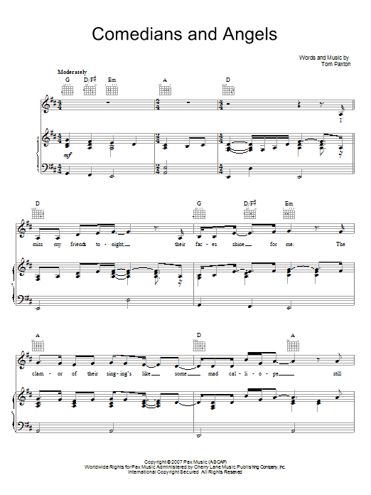 Tom Paxton Comedians And Angels sheet music notes and chords arranged for Piano, Vocal & Guitar Chords (Right-Hand Melody)
