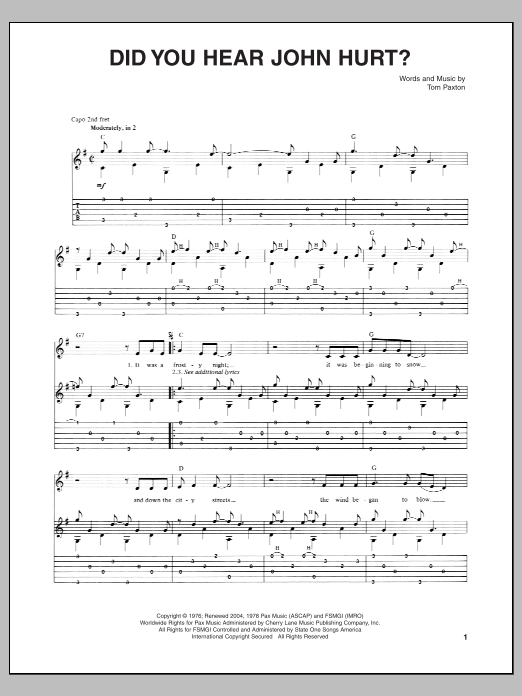 Tom Paxton Did You Hear John Hurt? sheet music notes and chords arranged for Guitar Tab