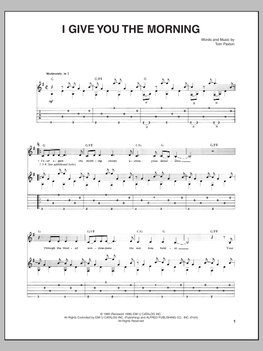 Tom Paxton I Give You The Morning sheet music notes and chords arranged for Guitar Tab