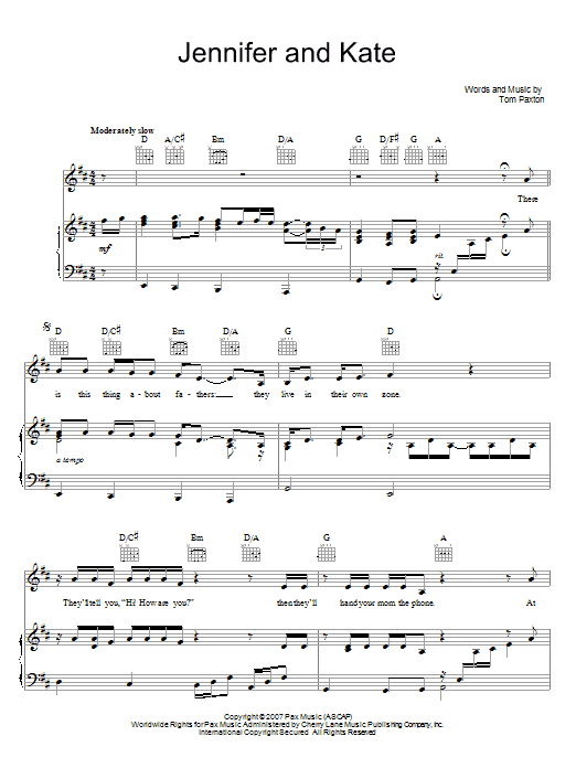 Tom Paxton Jennifer And Kate sheet music notes and chords arranged for Piano, Vocal & Guitar Chords (Right-Hand Melody)