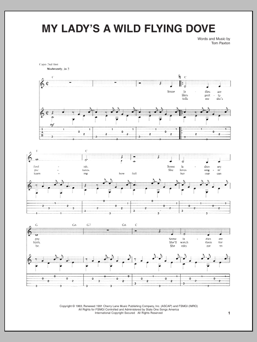 Tom Paxton My Lady's A Wild Flying Dove sheet music notes and chords arranged for Guitar Tab