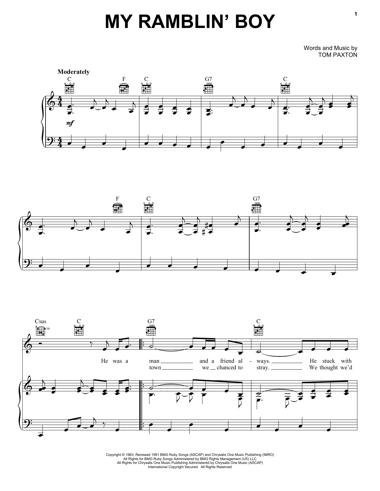 Tom Paxton My Ramblin' Boy sheet music notes and chords arranged for Piano, Vocal & Guitar Chords (Right-Hand Melody)