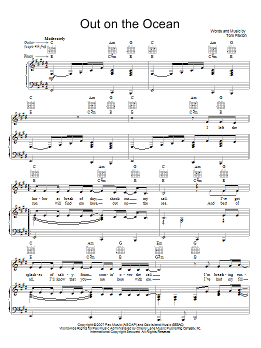 Tom Paxton Out On The Ocean sheet music notes and chords arranged for Piano, Vocal & Guitar Chords (Right-Hand Melody)