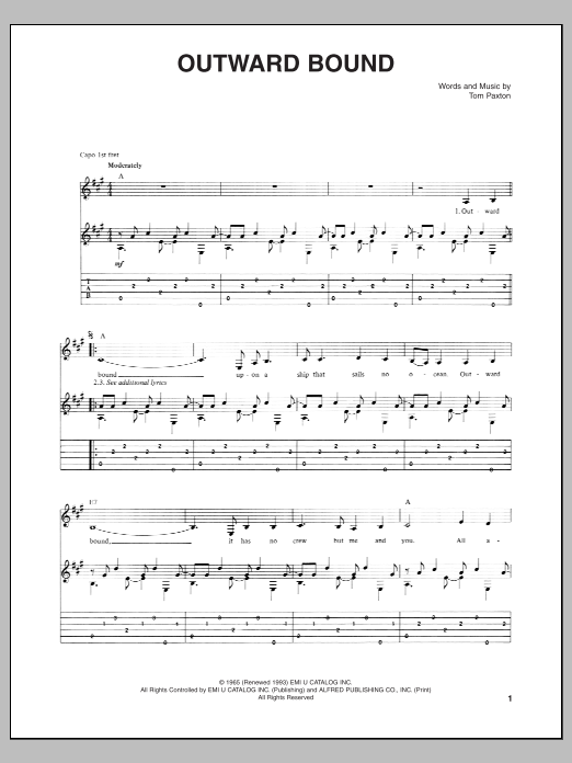 Tom Paxton Outward Bound sheet music notes and chords arranged for Guitar Tab