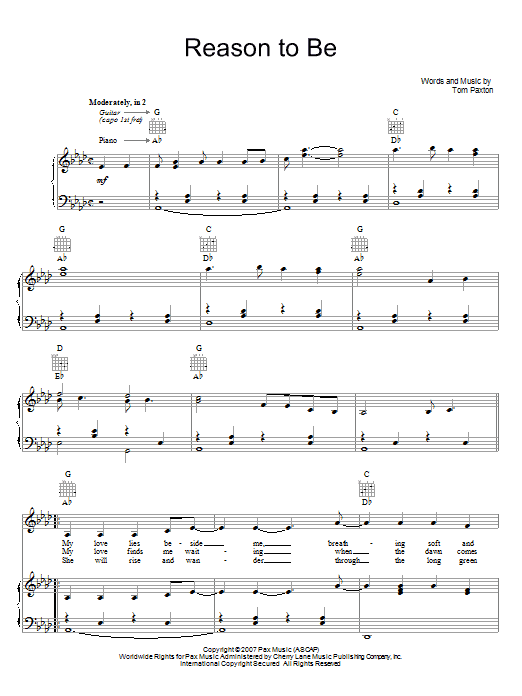 Tom Paxton Reason To Be sheet music notes and chords arranged for Piano, Vocal & Guitar Chords (Right-Hand Melody)