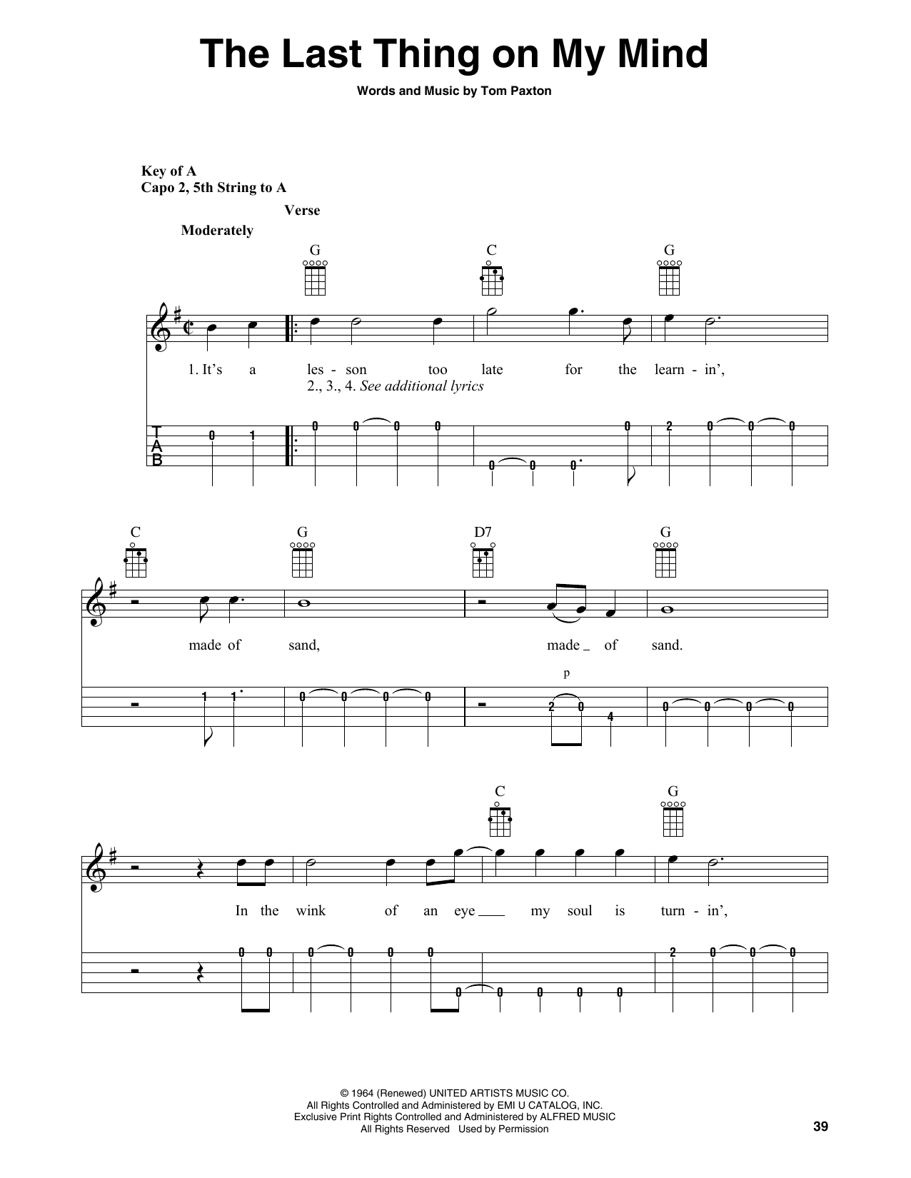 Tom Paxton The Last Thing On My Mind (arr. Fred Sokolow) sheet music notes and chords arranged for Banjo Tab