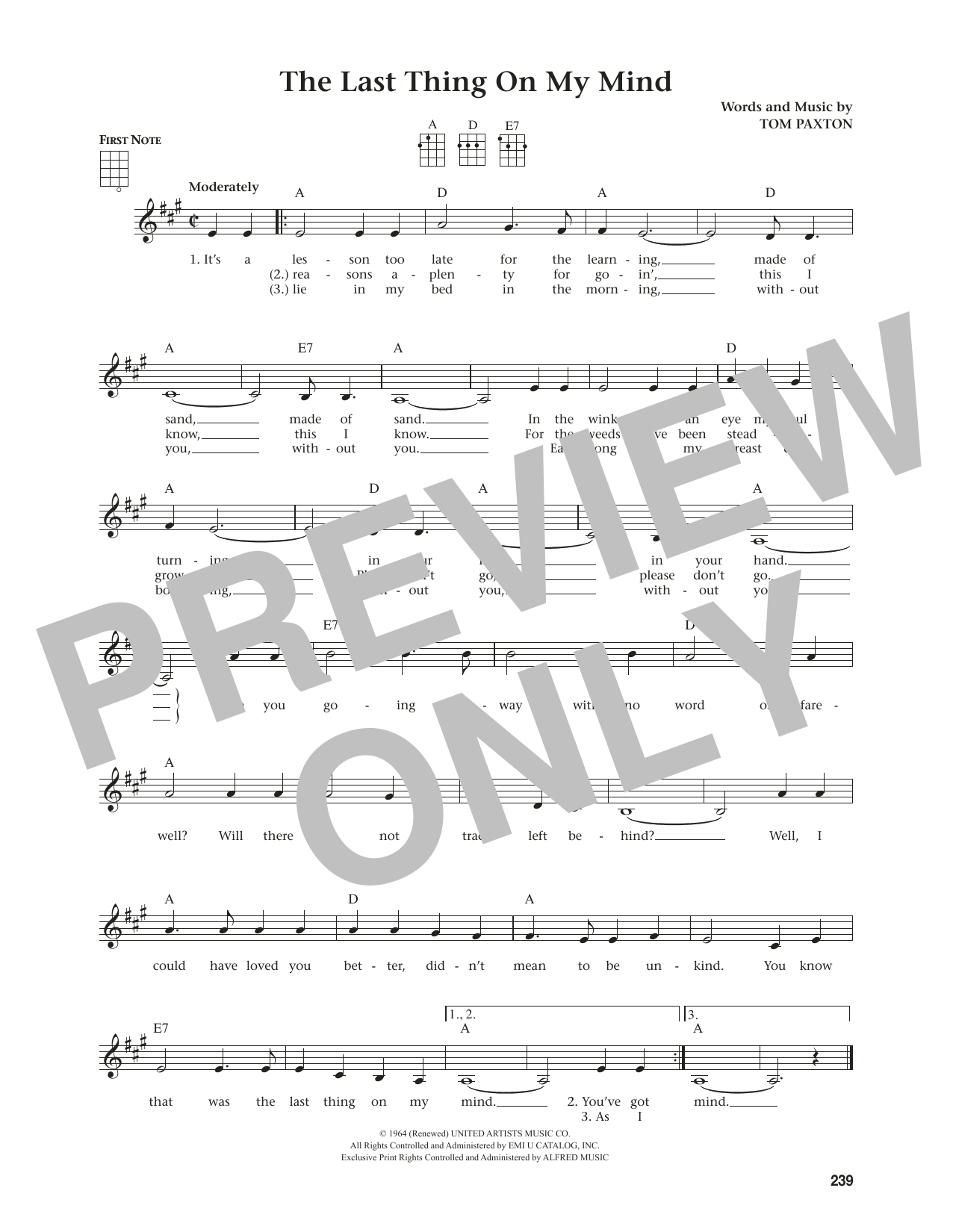 Tom Paxton The Last Thing On My Mind (from The Daily Ukulele) (arr. Jim Beloff) sheet music notes and chords arranged for Ukulele