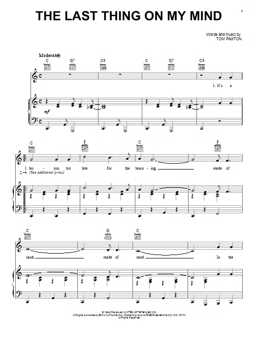 Tom Paxton The Last Thing On My Mind sheet music notes and chords arranged for Guitar Tab