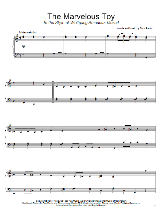 Tom Paxton The Marvelous Toy (in the style of Mozart) (arr. David Pearl) sheet music notes and chords arranged for Piano Solo