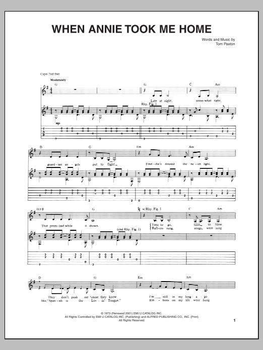 Tom Paxton When Annie Took Me Home sheet music notes and chords arranged for Guitar Tab