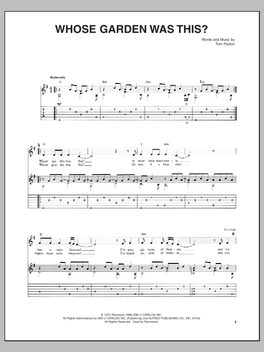 Tom Paxton Whose Garden Was This? sheet music notes and chords arranged for Guitar Tab