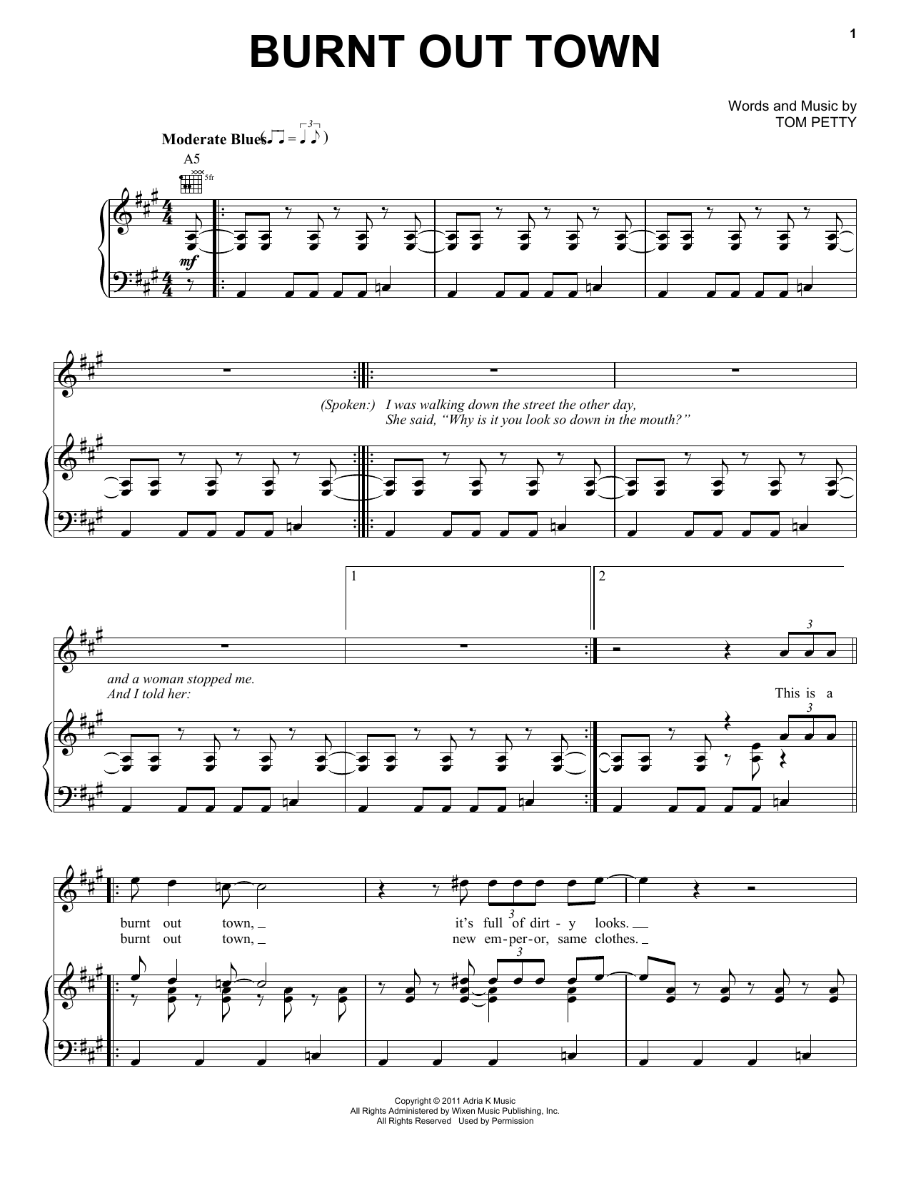 Tom Petty & the Heartbreakers Burnt Out Town sheet music notes and chords arranged for Piano, Vocal & Guitar Chords (Right-Hand Melody)