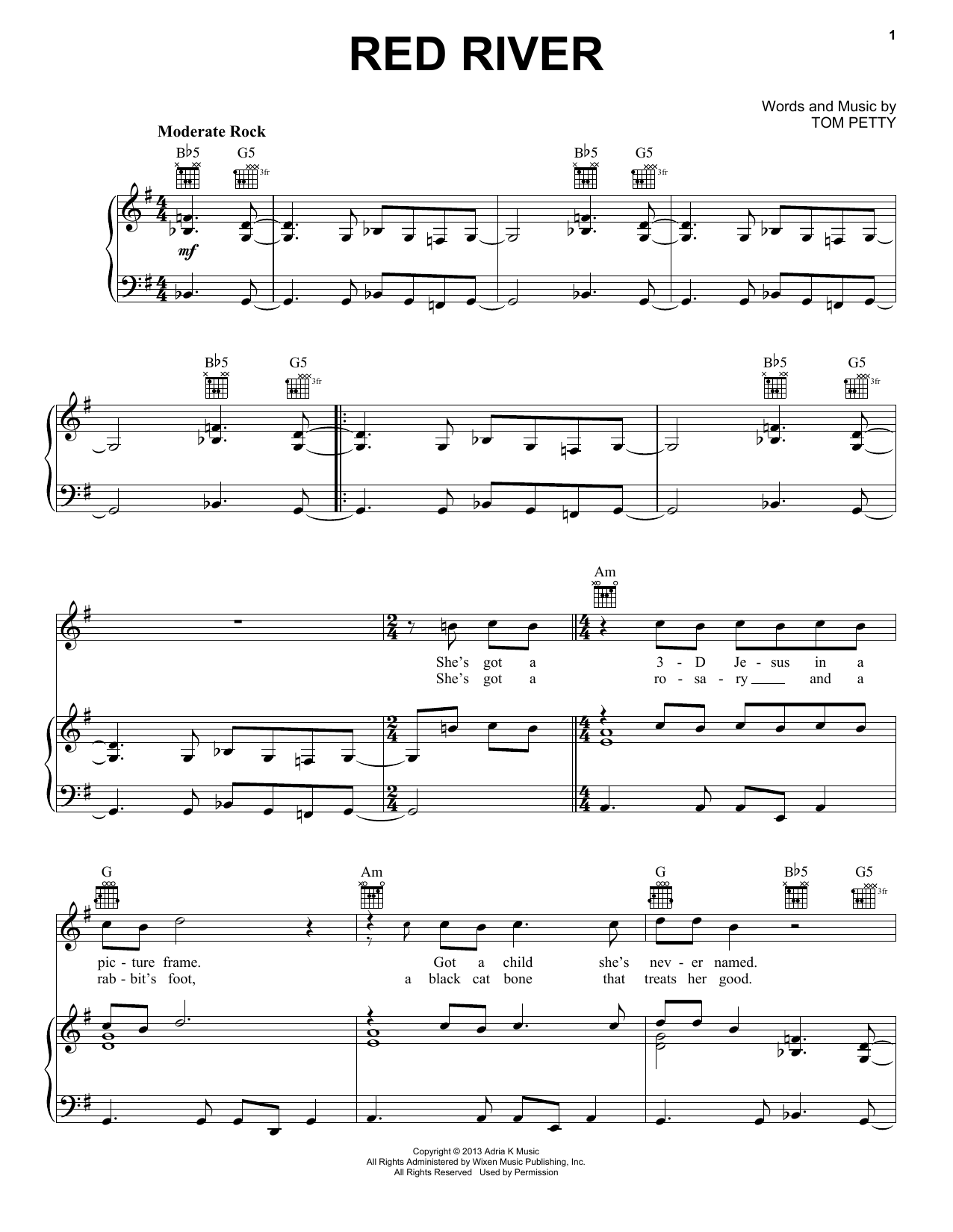 Tom Petty & the Heartbreakers Red River sheet music notes and chords arranged for Piano, Vocal & Guitar Chords (Right-Hand Melody)