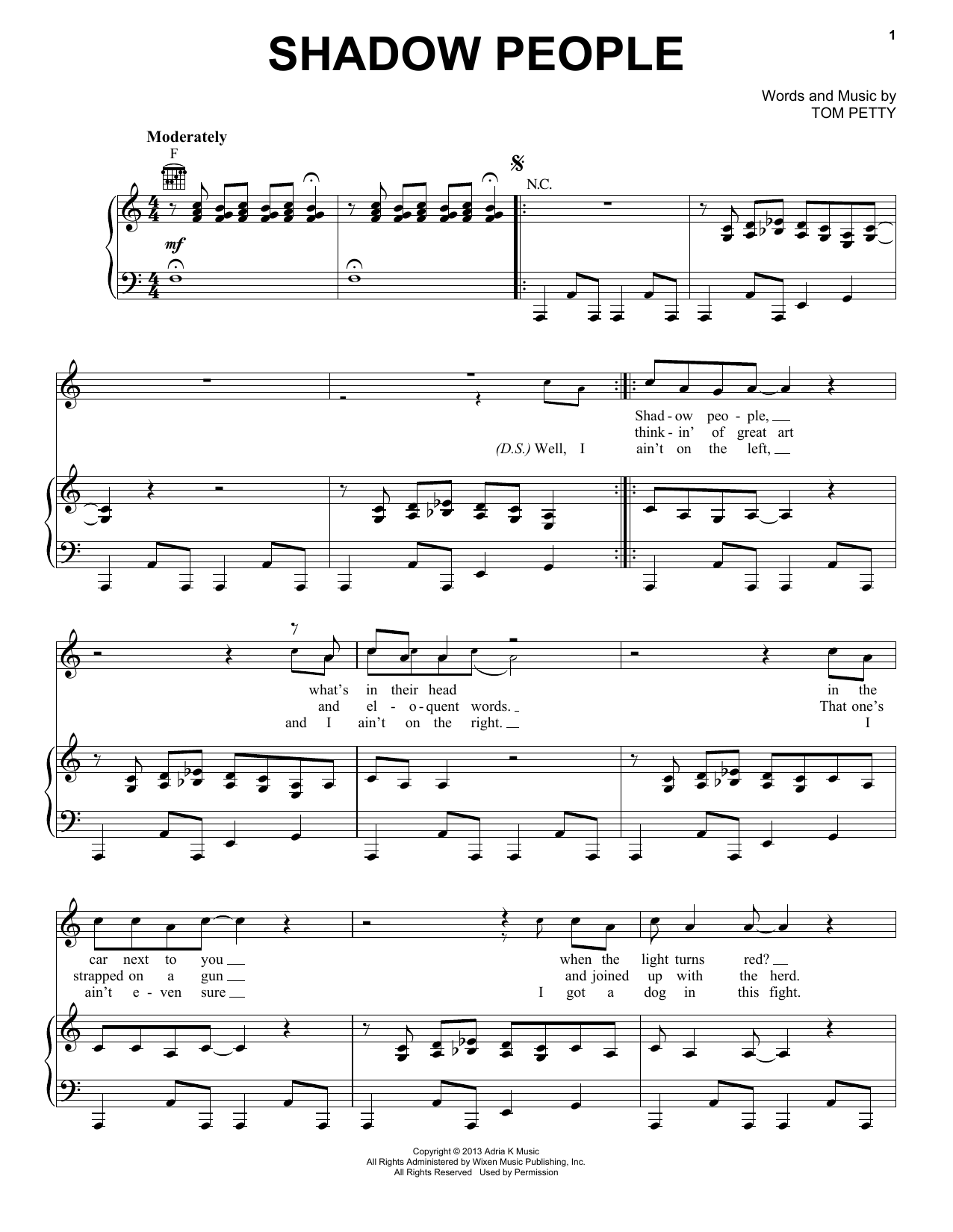 Tom Petty & the Heartbreakers Shadow People sheet music notes and chords arranged for Piano, Vocal & Guitar Chords (Right-Hand Melody)
