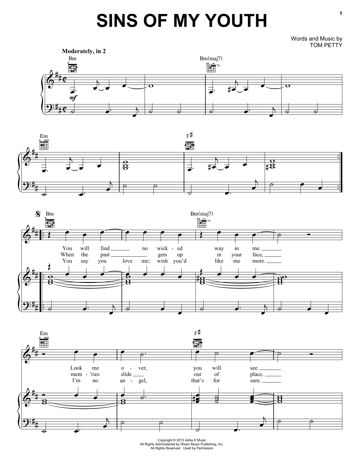 Tom Petty & the Heartbreakers Sins Of My Youth sheet music notes and chords arranged for Piano, Vocal & Guitar Chords (Right-Hand Melody)