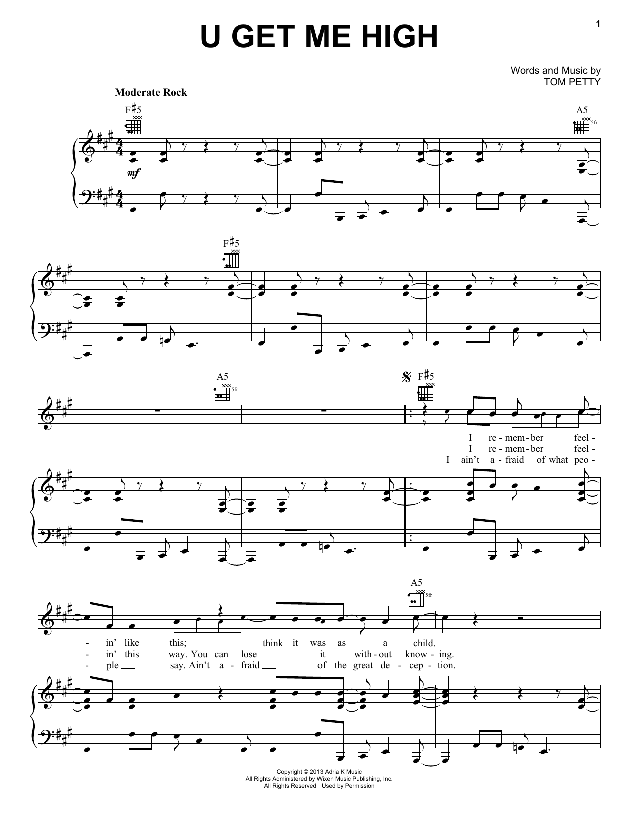 Tom Petty & the Heartbreakers U Get Me High sheet music notes and chords arranged for Piano, Vocal & Guitar Chords (Right-Hand Melody)