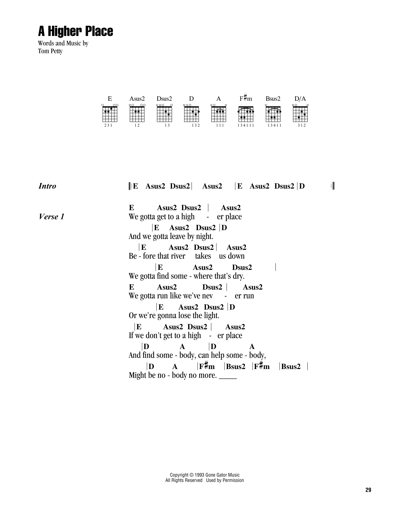 Tom Petty A Higher Place sheet music notes and chords arranged for Guitar Chords/Lyrics