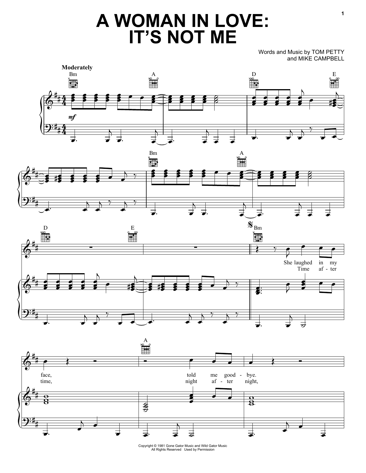 Tom Petty A Woman In Love: It's Not Me sheet music notes and chords arranged for Piano, Vocal & Guitar Chords (Right-Hand Melody)