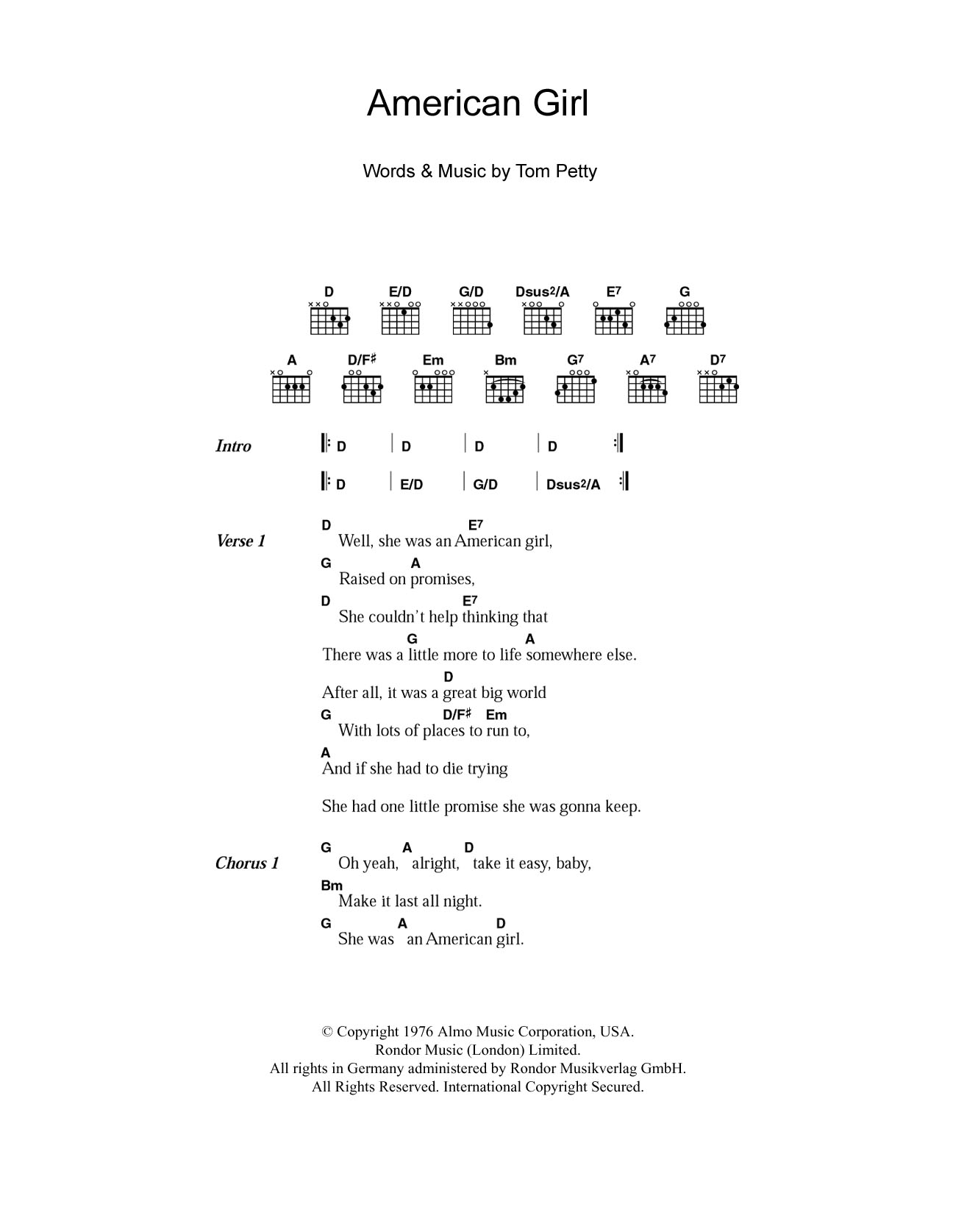 Tom Petty American Girl sheet music notes and chords arranged for Easy Guitar