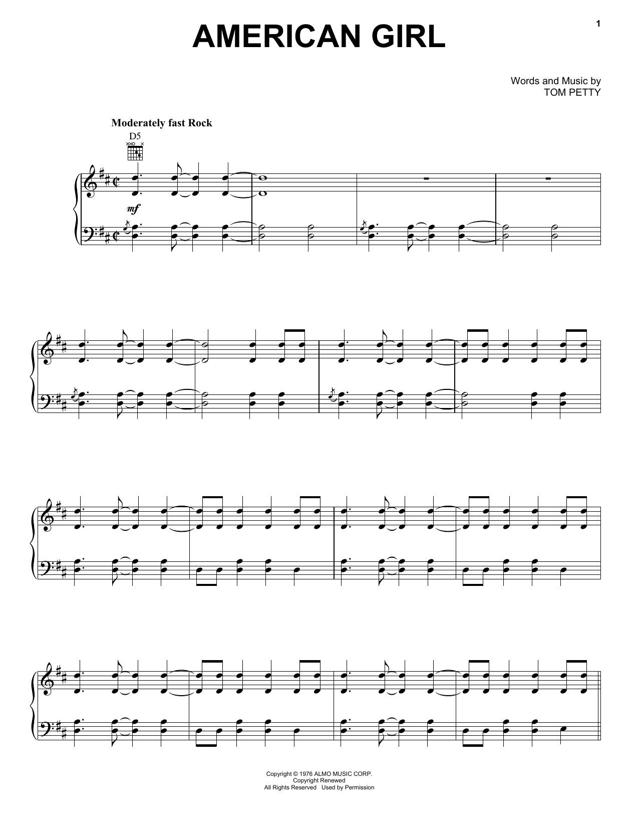 Tom Petty And The Heartbreakers American Girl sheet music notes and chords arranged for Guitar Chords/Lyrics