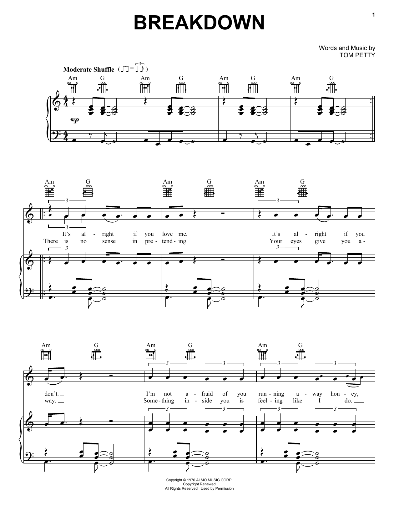 Tom Petty And The Heartbreakers Breakdown sheet music notes and chords arranged for Really Easy Guitar