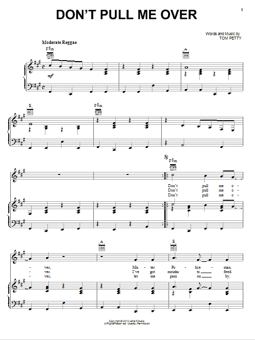 Tom Petty And The Heartbreakers Don't Pull Me Over sheet music notes and chords arranged for Piano, Vocal & Guitar Chords (Right-Hand Melody)