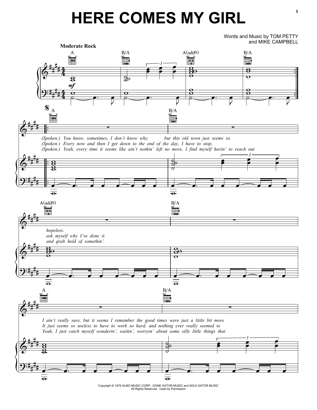 Tom Petty And The Heartbreakers Here Comes My Girl sheet music notes and chords arranged for Piano, Vocal & Guitar Chords (Right-Hand Melody)
