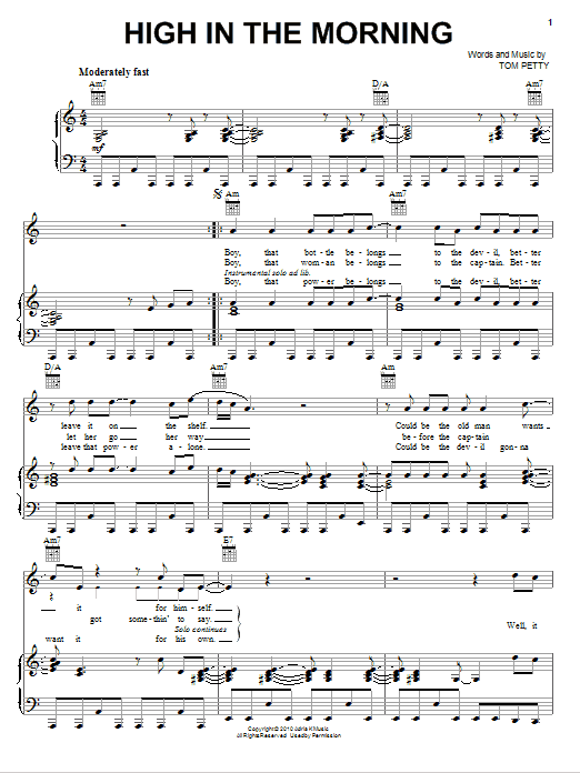 Tom Petty And The Heartbreakers High In The Morning sheet music notes and chords arranged for Piano, Vocal & Guitar Chords (Right-Hand Melody)