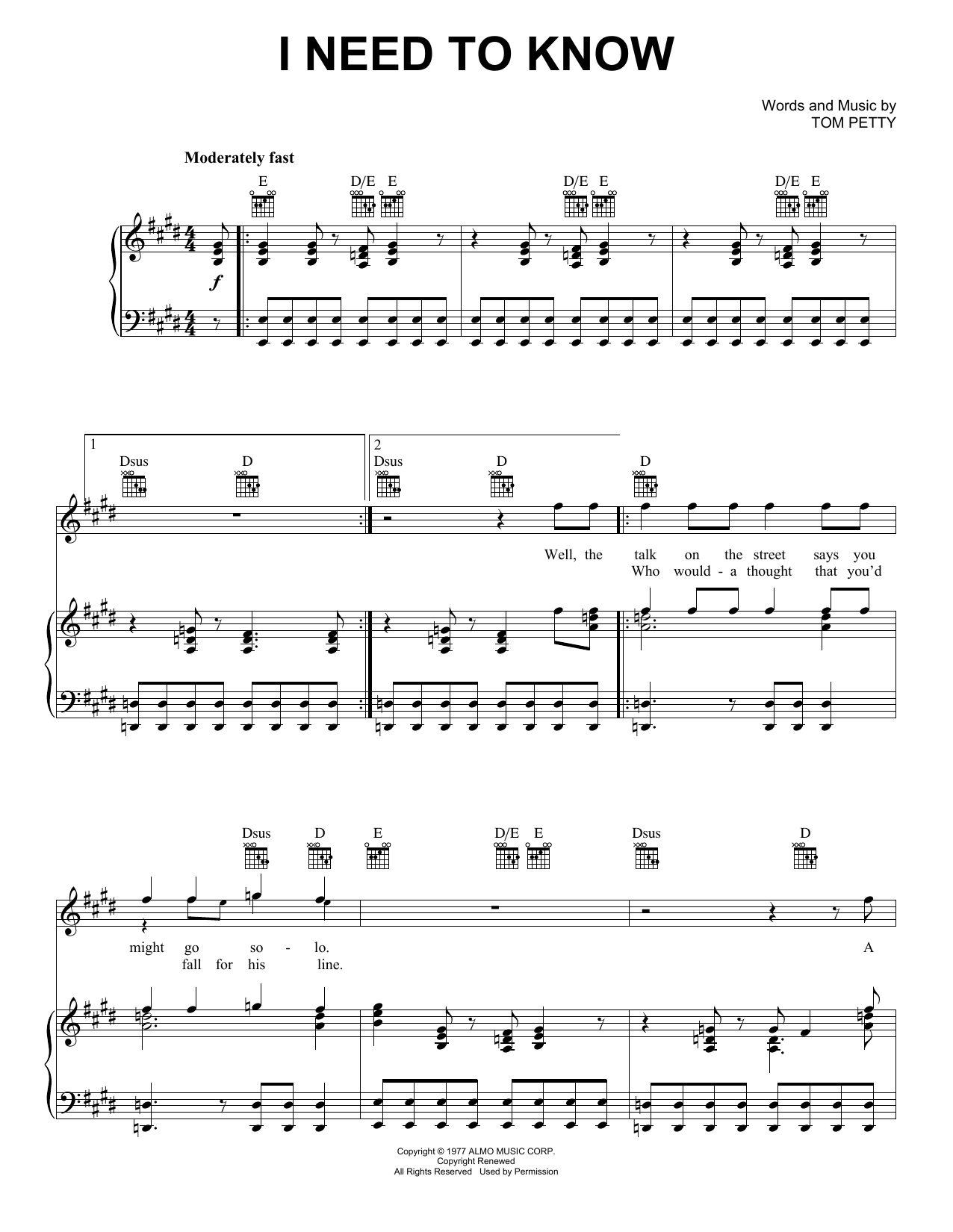 Tom Petty And The Heartbreakers I Need To Know sheet music notes and chords arranged for Guitar Tab