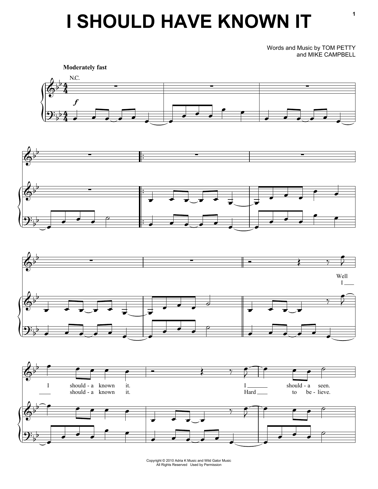 Tom Petty And The Heartbreakers I Should Have Known It sheet music notes and chords arranged for Piano, Vocal & Guitar Chords (Right-Hand Melody)