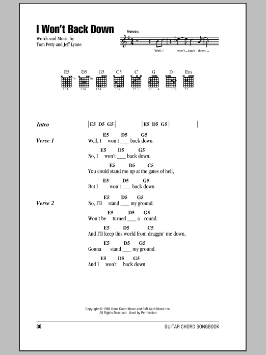 Tom Petty And The Heartbreakers I Won't Back Down sheet music notes and chords arranged for Guitar Chords/Lyrics