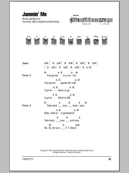 Tom Petty And The Heartbreakers Jammin' Me sheet music notes and chords arranged for Guitar Chords/Lyrics
