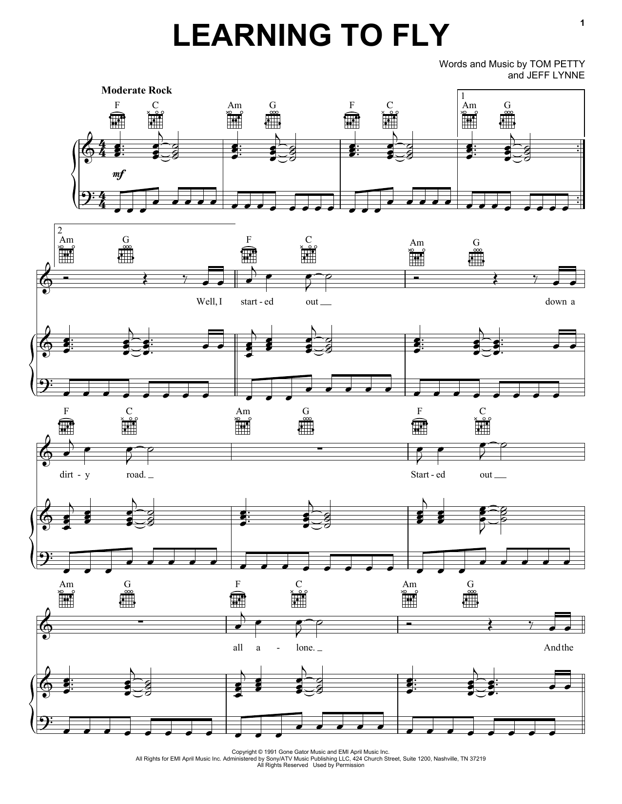 Tom Petty And The Heartbreakers Learning To Fly sheet music notes and chords arranged for Piano, Vocal & Guitar Chords (Right-Hand Melody)