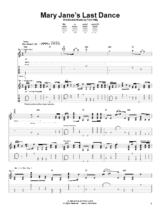Tom Petty And The Heartbreakers Mary Jane's Last Dance sheet music notes and chords arranged for Easy Guitar Tab
