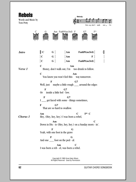 Tom Petty And The Heartbreakers Rebels sheet music notes and chords arranged for Guitar Chords/Lyrics