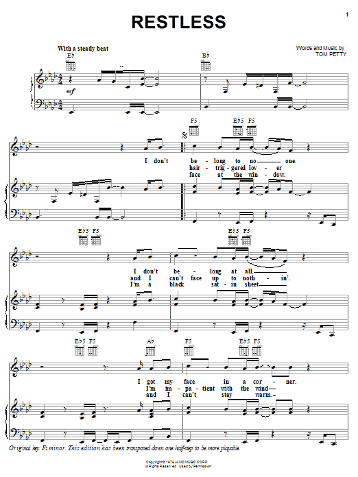 Tom Petty And The Heartbreakers Restless sheet music notes and chords arranged for Piano, Vocal & Guitar Chords (Right-Hand Melody)