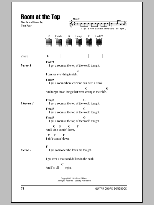 Tom Petty And The Heartbreakers Room At The Top sheet music notes and chords arranged for Guitar Chords/Lyrics